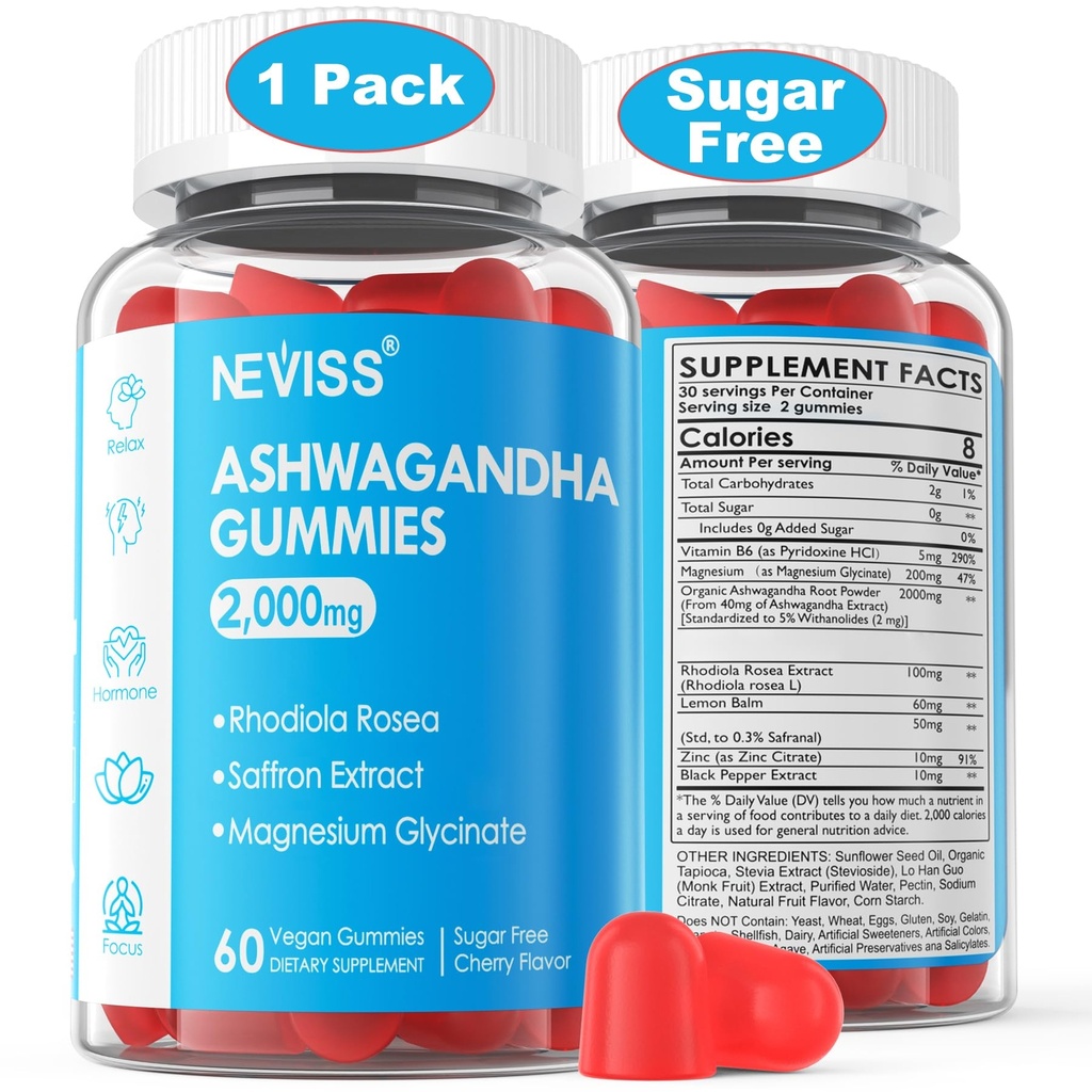 Sugar Free Ashwagandha Gummies 2000mg - with Magnesium Glycinate, Rhodiola Ro...
