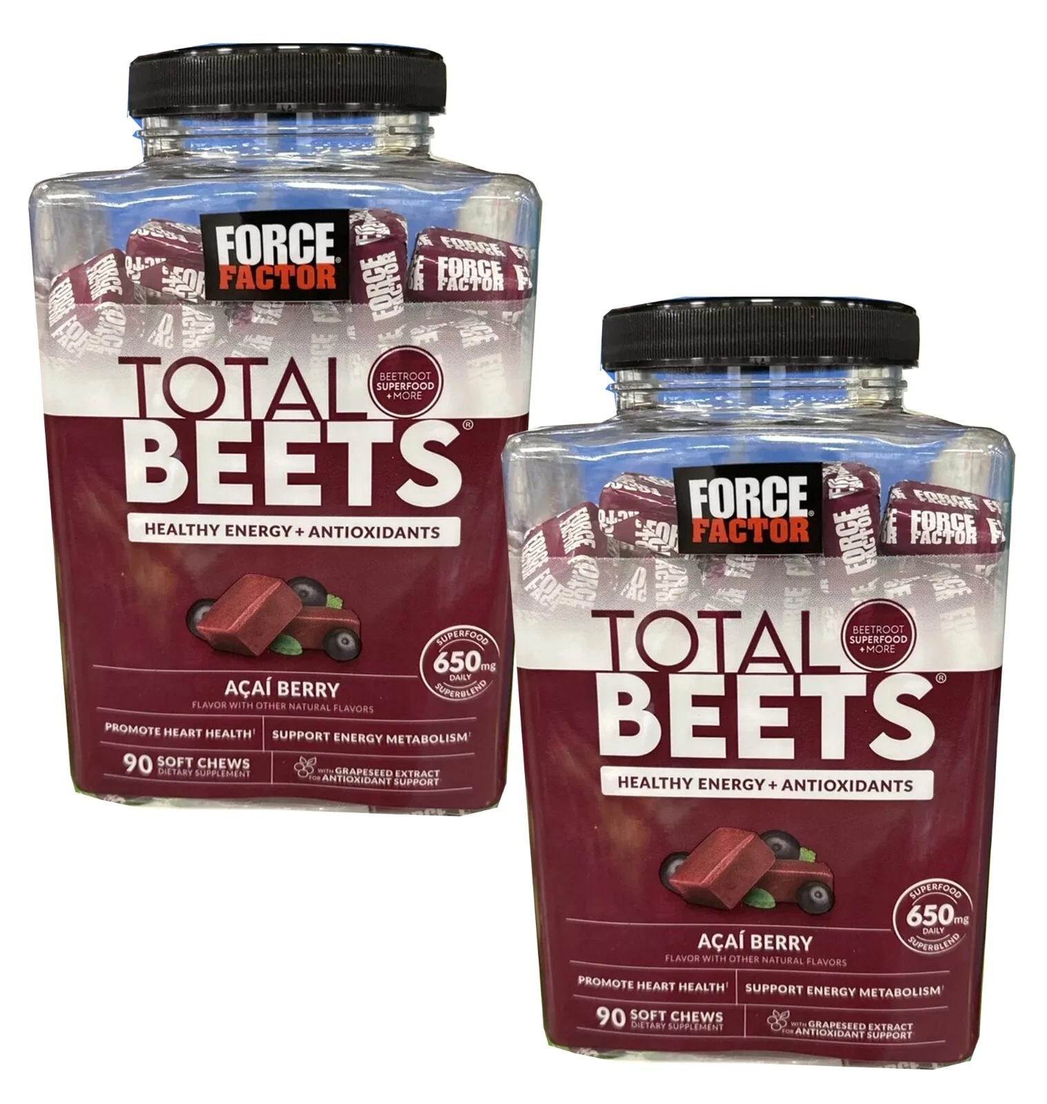 2 Packs Force Factor Total Beets Acai Berry Flavor, 90 Soft Chews