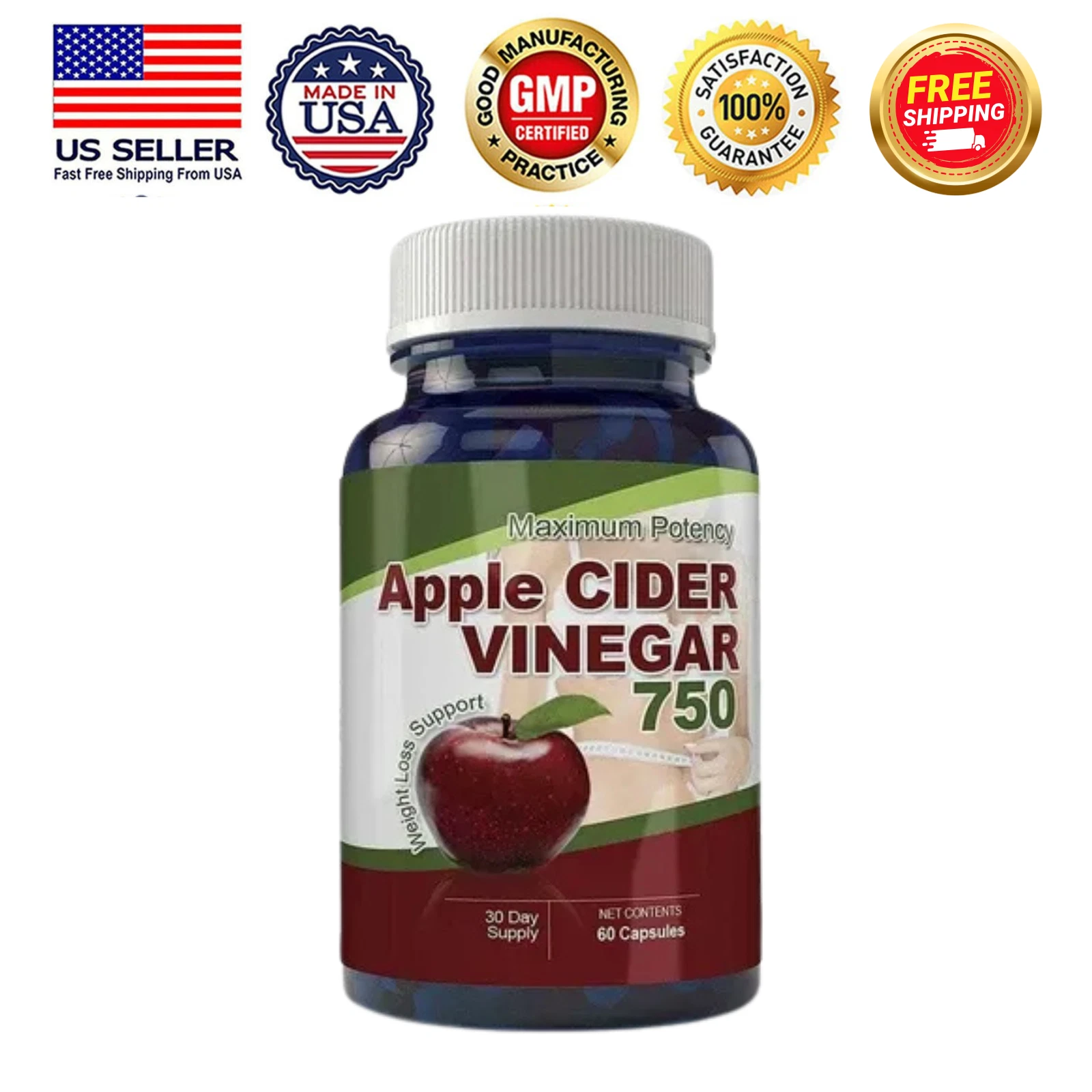 Apple Cider Vinegar 750mg Weight Loss Detox Cleanse Support 60 Capsule Free Ship