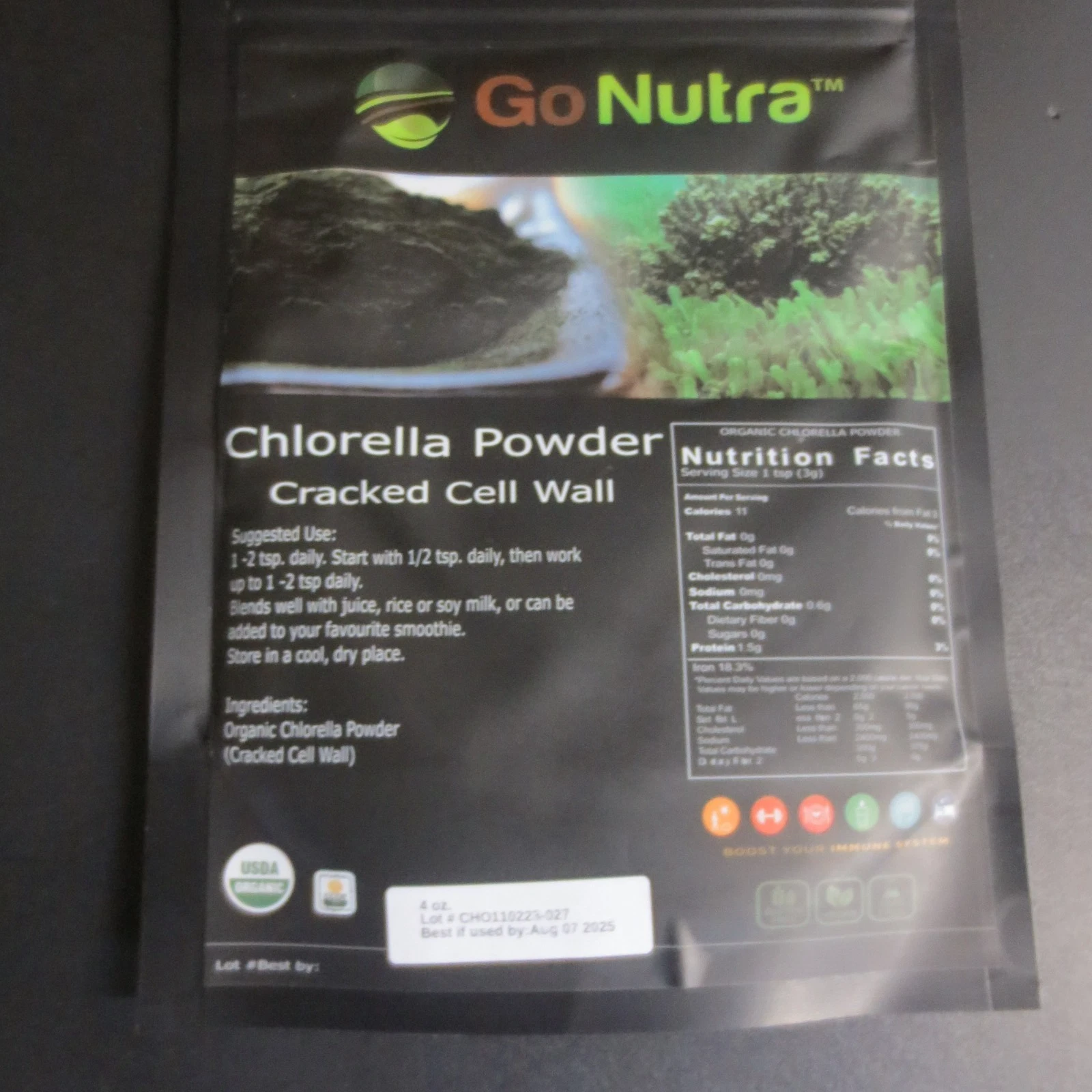 Go Nutra - Chlorella Powder, Pure Greens Powder with Vitamins - 4 OZ - EXP 8/25