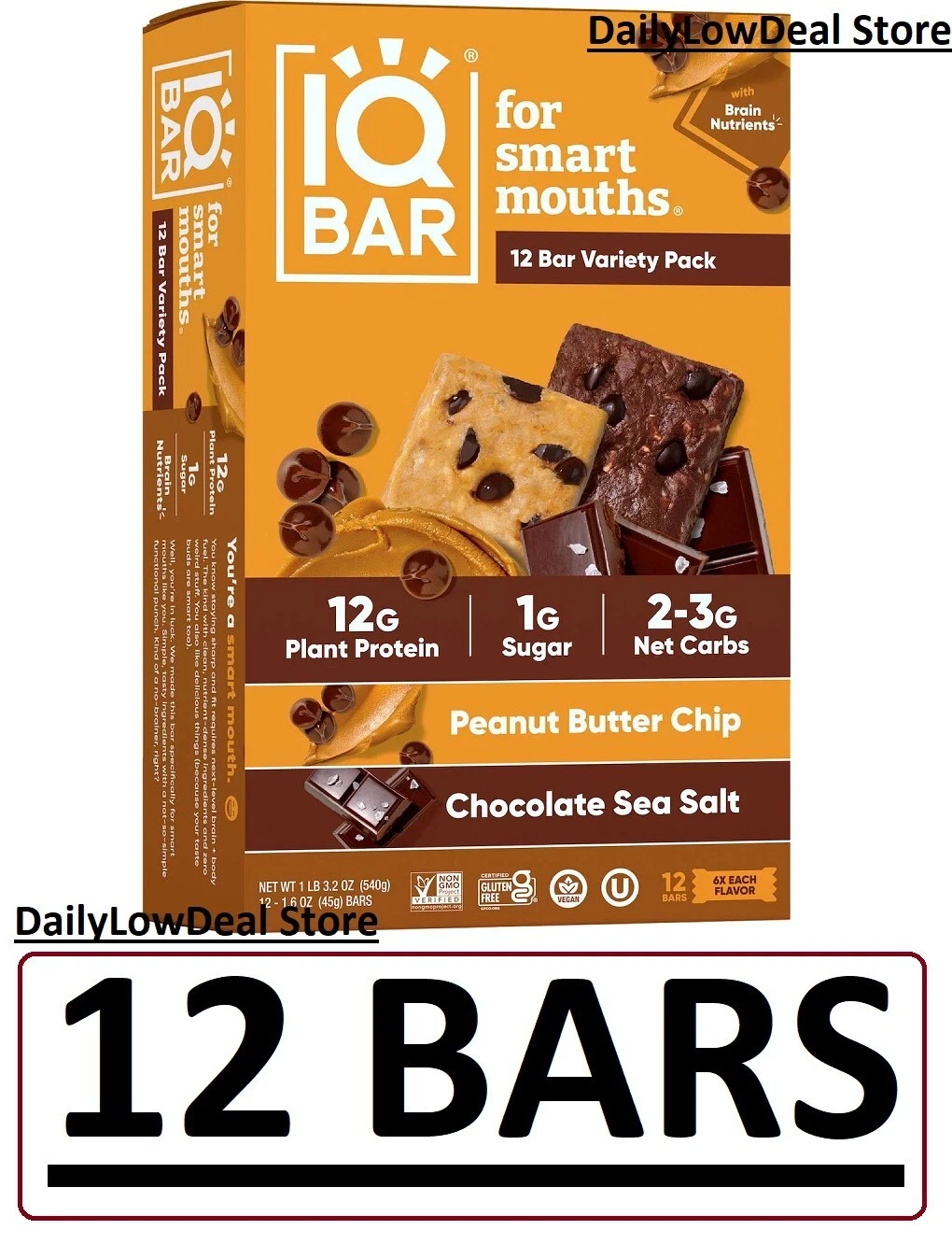 IQ Bar Protein Peanut Butter Chip and Chocolate Sea Salt, 12 Bars