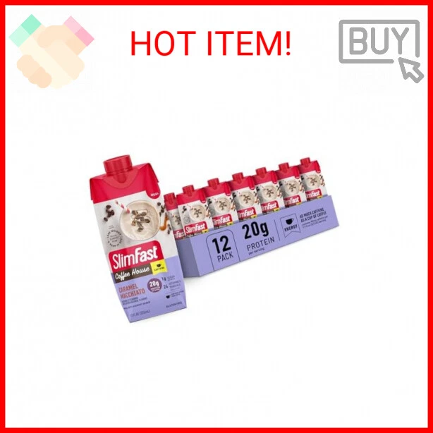 SlimFast Protein Shake with Caffeine, Caramel Macchiato- 20g Protein, 12 Pack