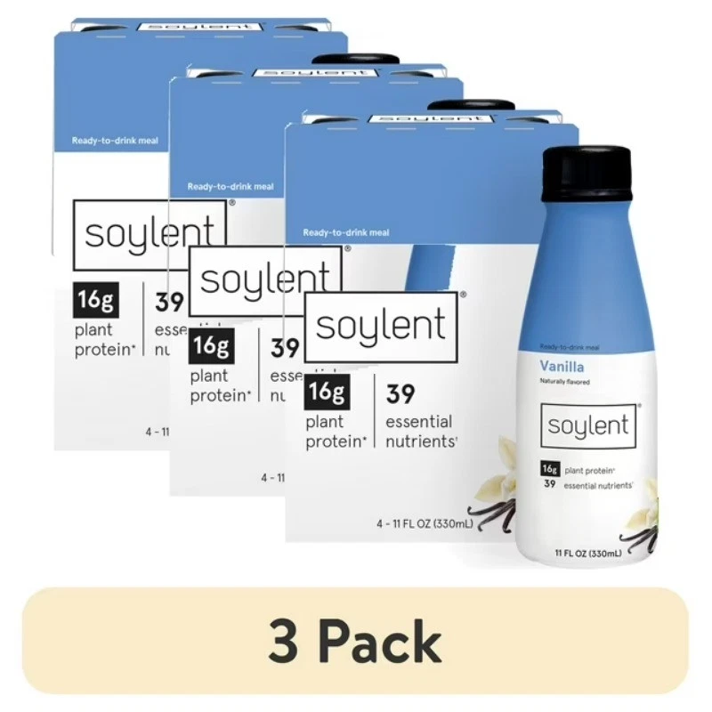 (3 pack) Soylent Vanilla Plant Protein Meal Replacement Shake, 11 fl oz, 4ct