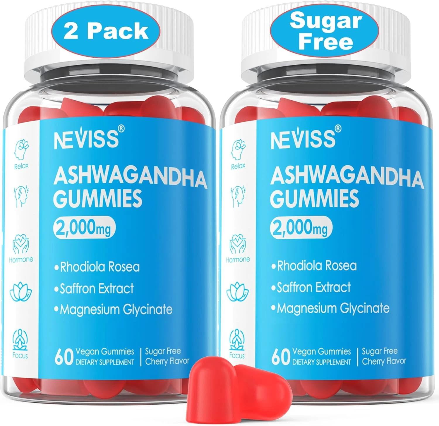 NEVISS Ashwagandha Gummies with Magnesium, Rhodiola, Vitamin B6, 2X 60 Gummies