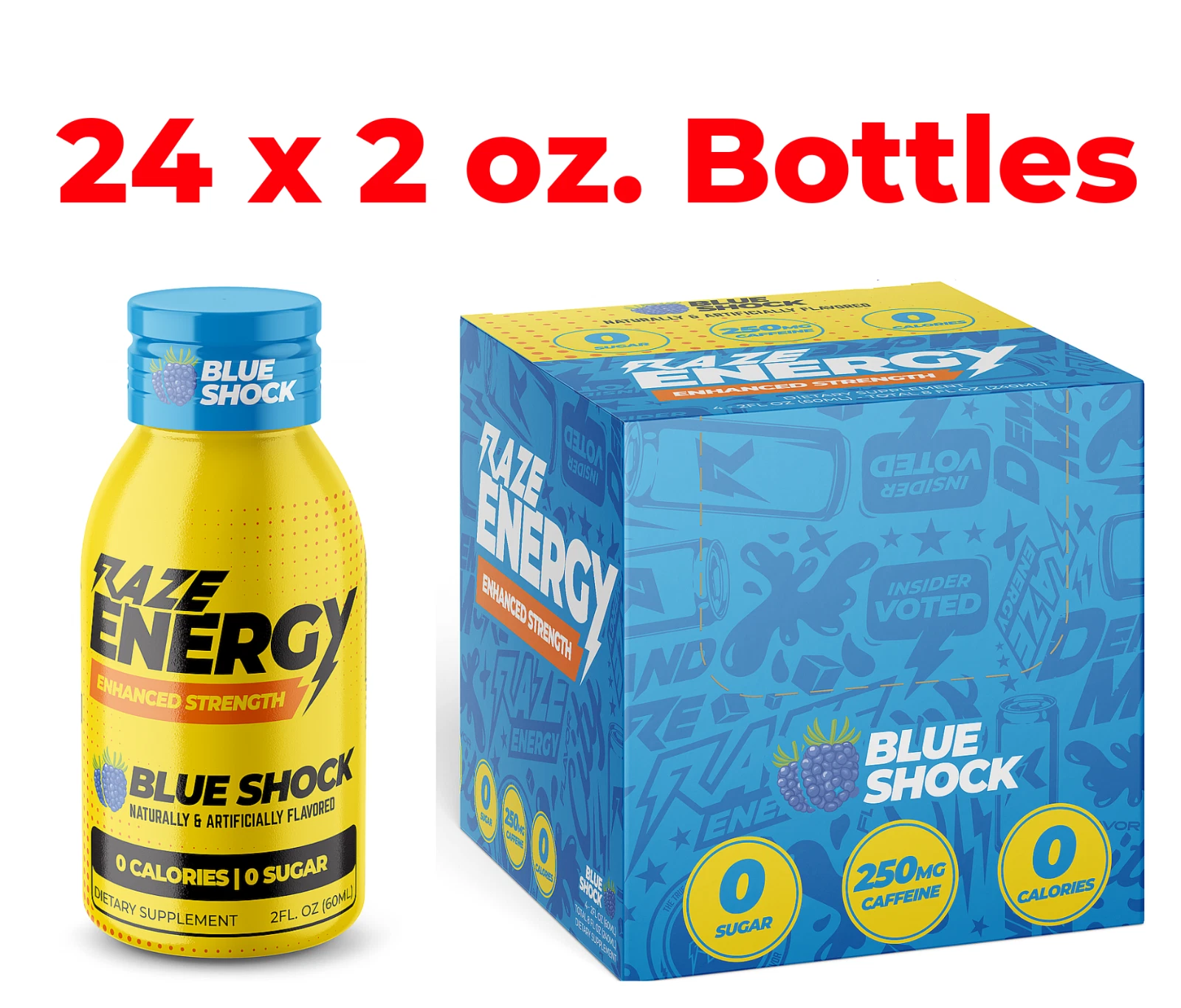 RAZE Energy Shots w/250mg Caffeine Blue Shock - 12 Bottles EXP 12/25