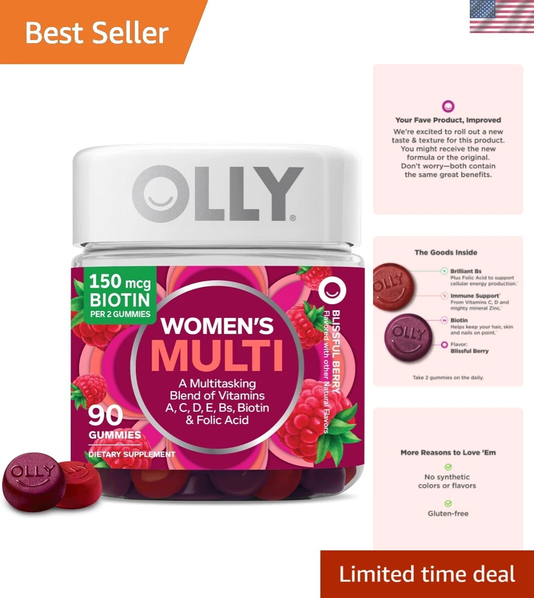 OLLY Women's Chewable Multivitamins - Berry Flavor, 45-Day Supply, Gluten-Free