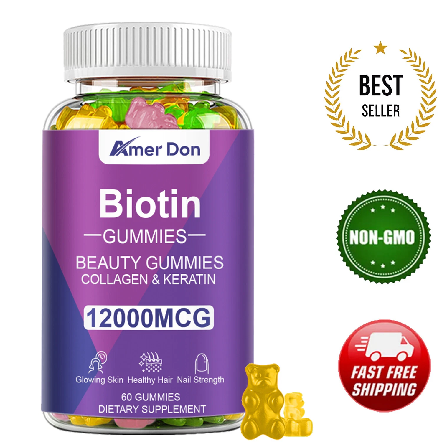 AD Vitamatic Biotin Gummies 10,000mcg for Hair Skin & Nails 60 Vegan 1 Bottle