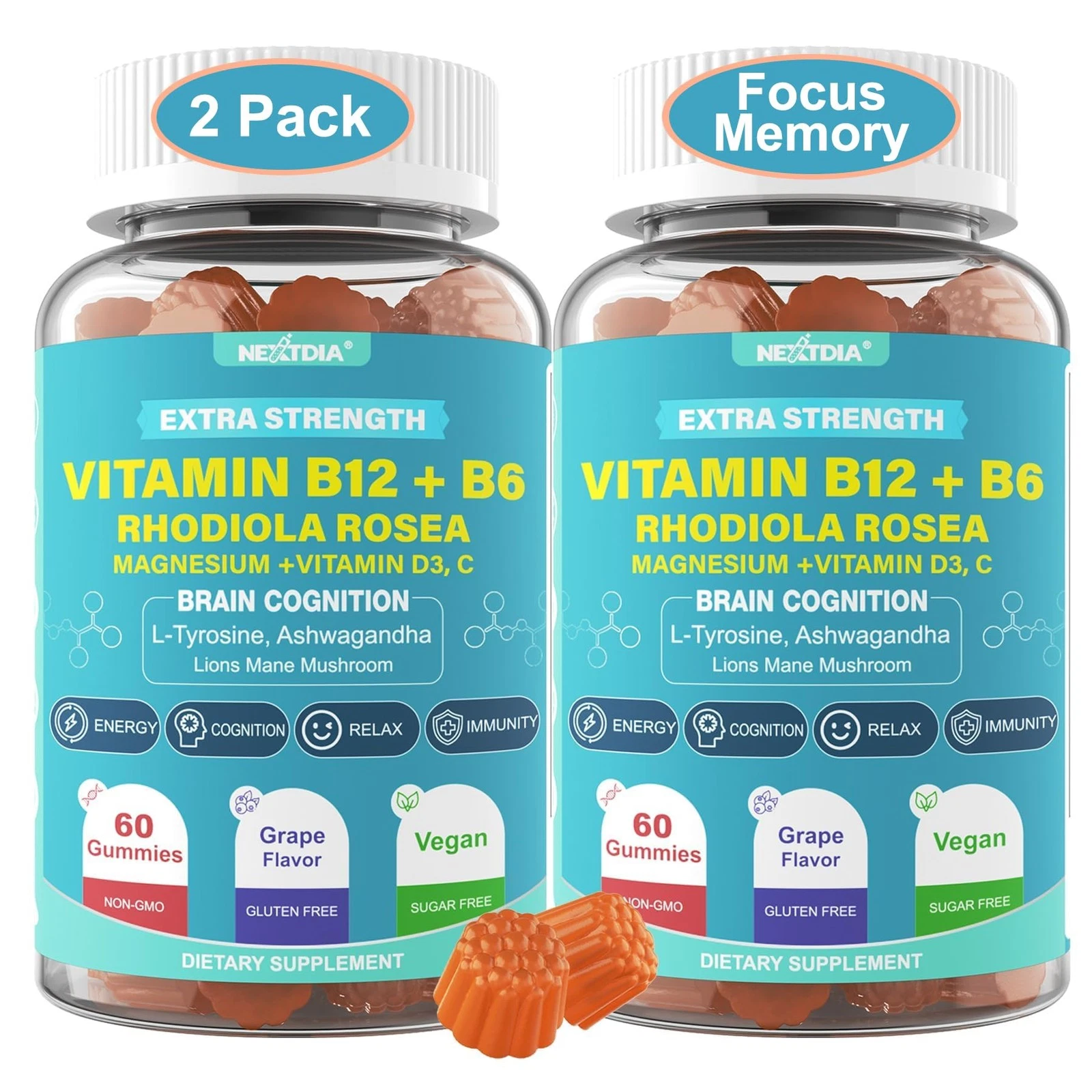 Focus Memory & Energy Gummies, L-Tyrosine + Methyl B12 1000mcg, B6 50mg, D3 C, L