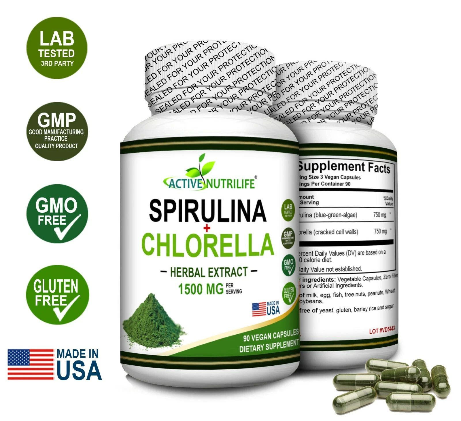 New Spirulina powder + Chlorella powder 90 Vegan Capsules