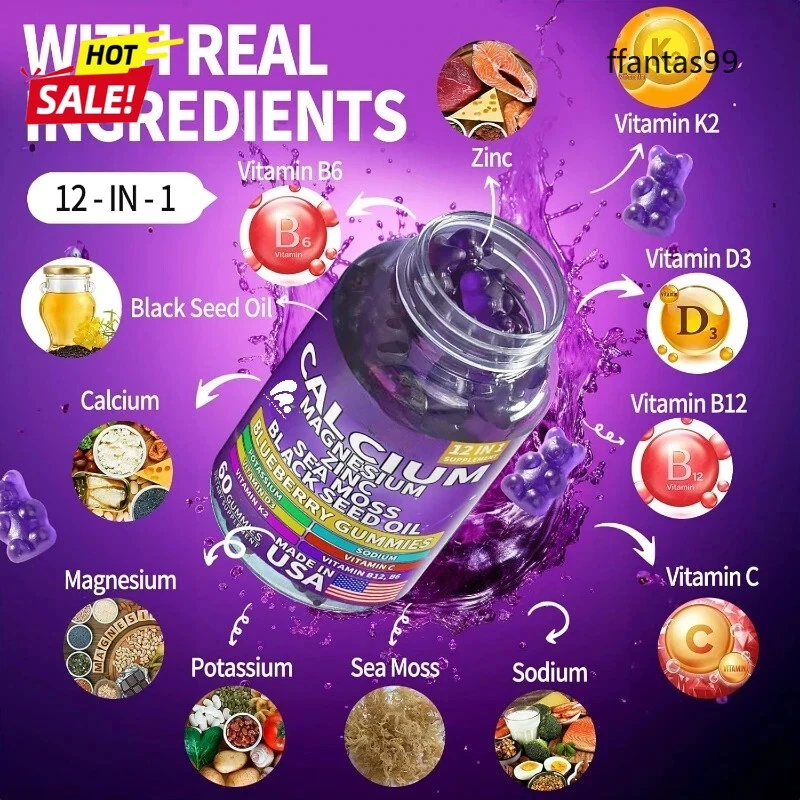 Calcium, magnesium, zinc supplements, 60 blueberry flavored gummies