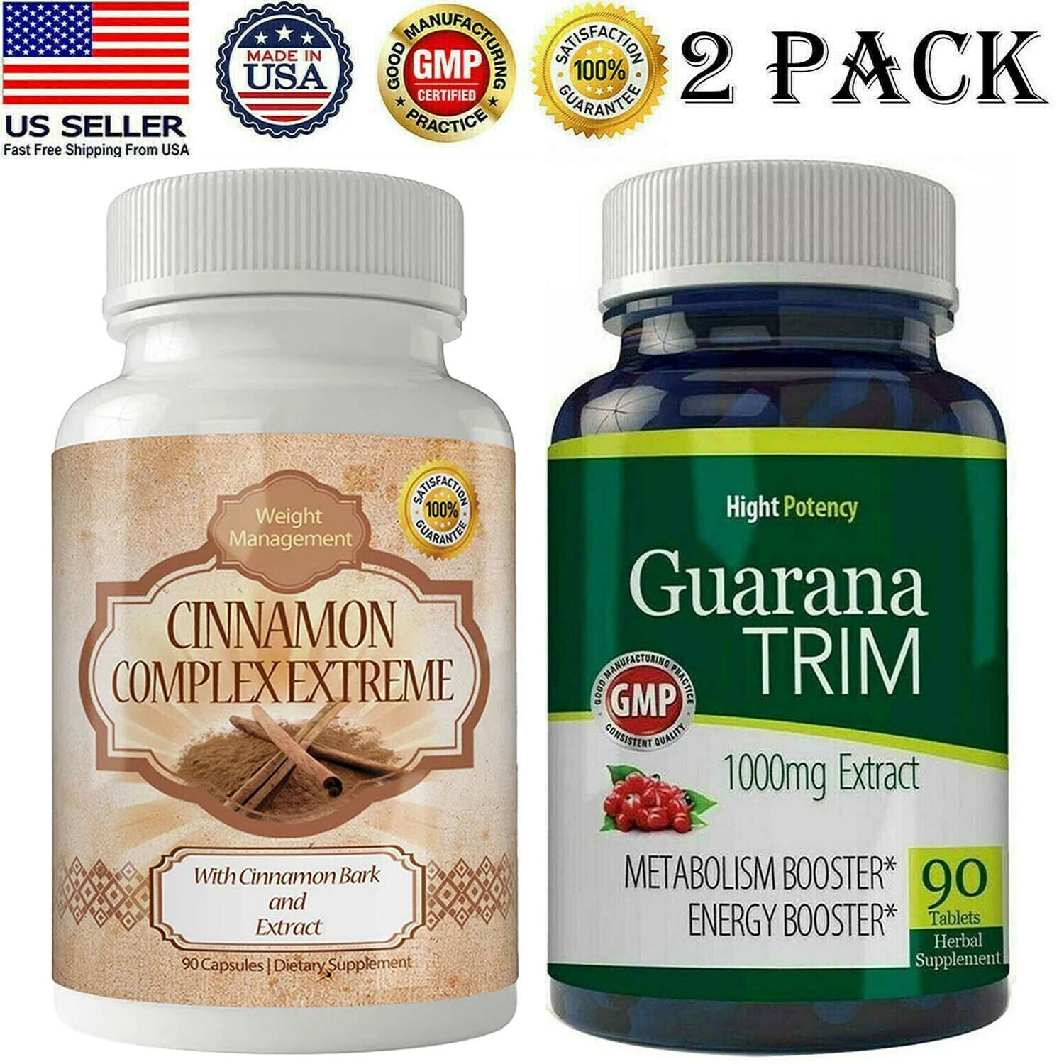 Guarana Seed Extract Weight 100mg Loss Pills Cinnamon 1000mg Sugar Capsules 2pk
