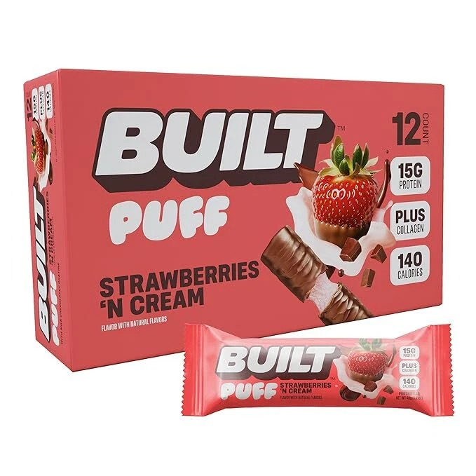 BUILT PUFF Protein Bars Chocolate Strawberries 'N Cream 140 Calories, 12 Ct Box