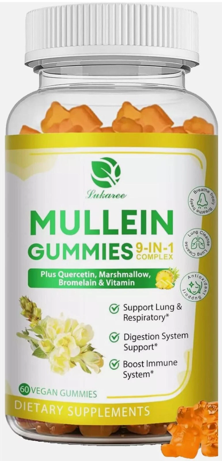 Mullein Gummies - 9-in-1 Leaf Extract with 60 Count Pineapple