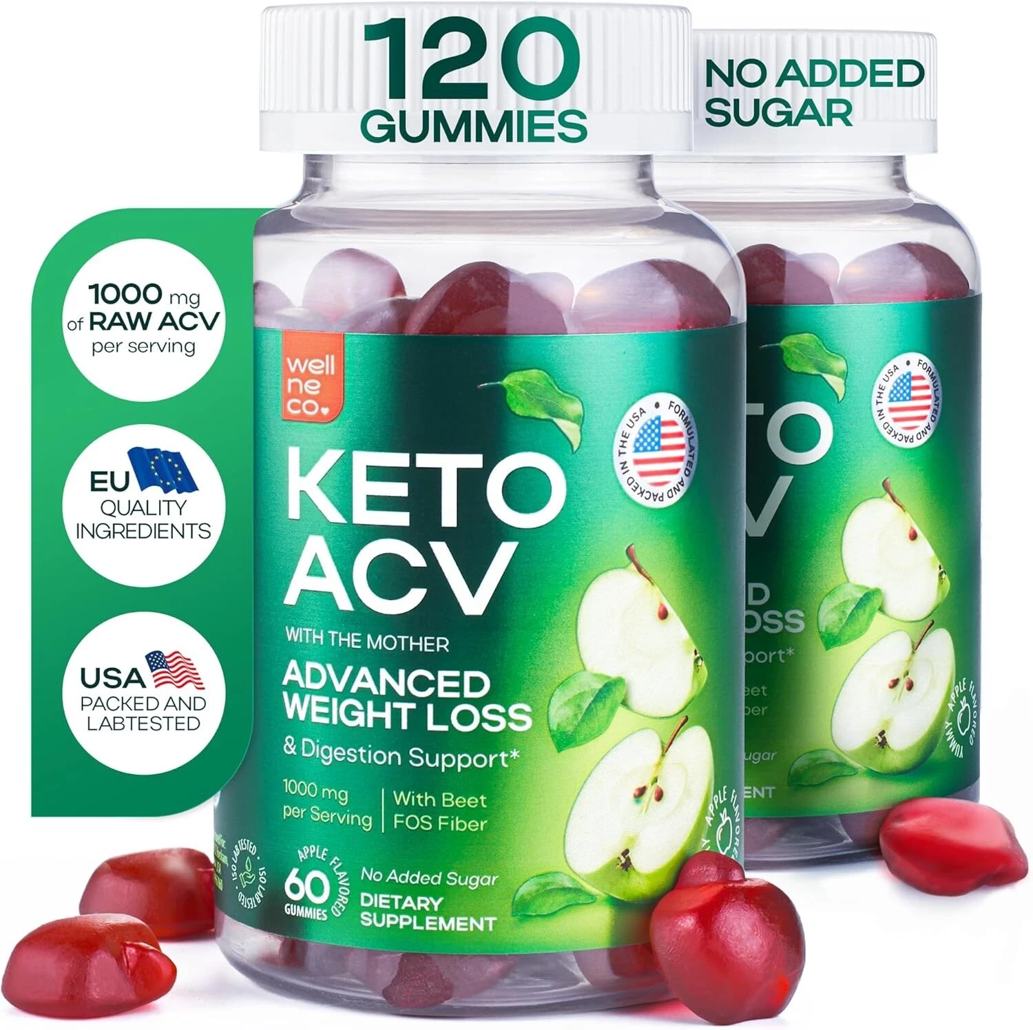 2 Keto ACV Gummies Advanced Weight Loss 1,000mg Keto Apple Cider Slimming Gummy