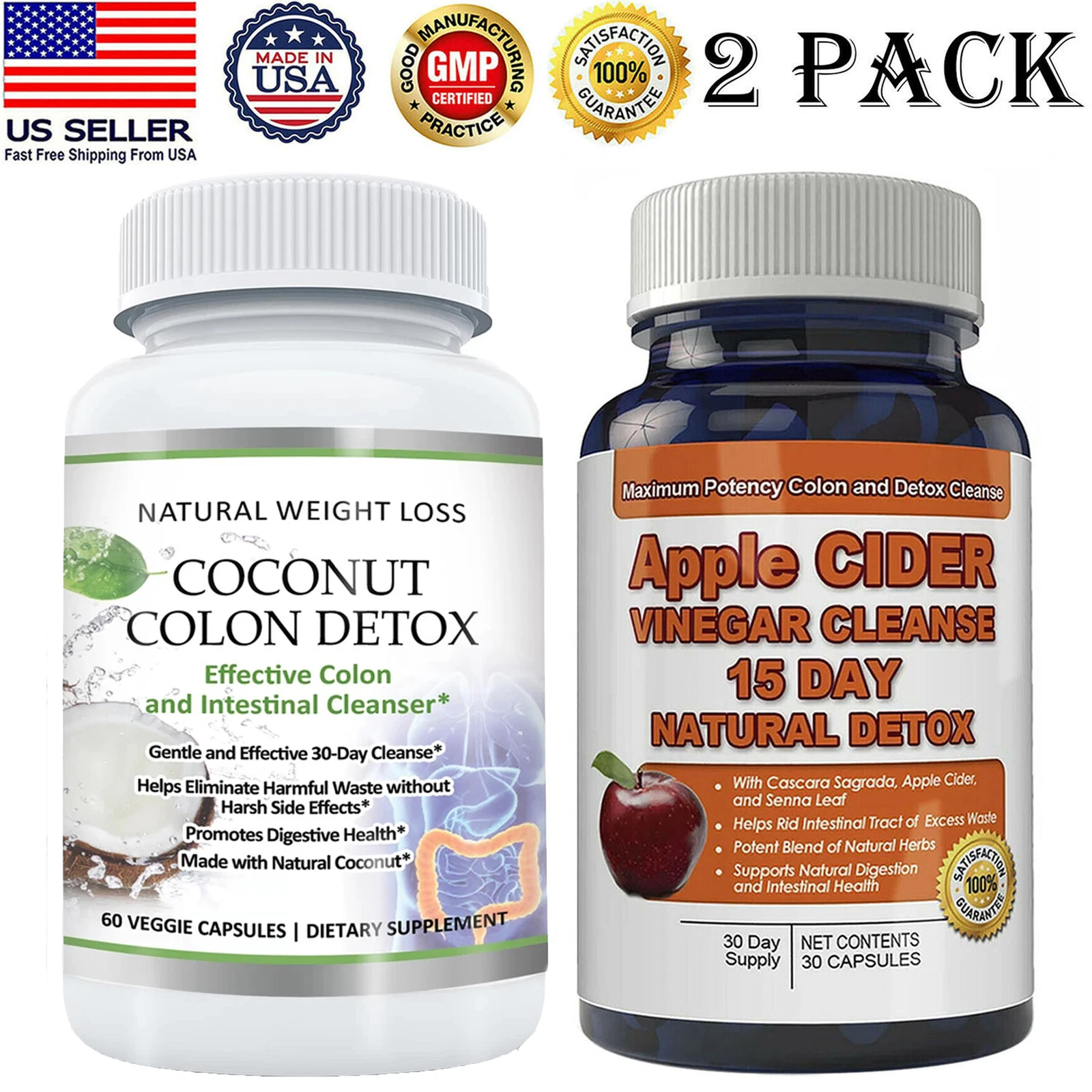 Coconut Colon Detox Caps Apple Cider Vinegar Cleanse Detox Weight Loss Pills 2PK