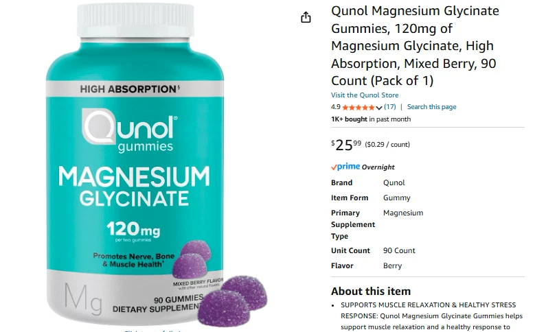 Qunol Magnesium Gummies for Adults, 200Mg Magnesium Citrate High Absorption 90CT