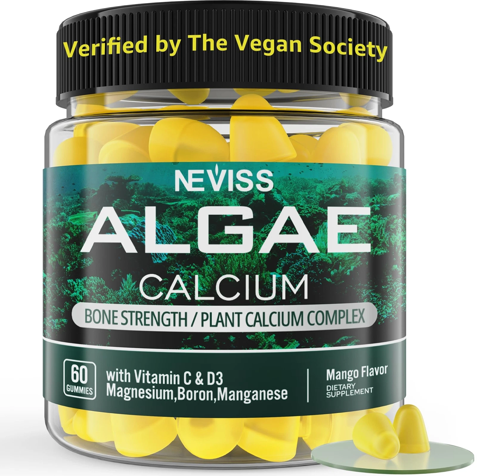 Algae Calcium Gummies 600mg with Vitamin D3 C Magnesium Boron Manganese Plant...