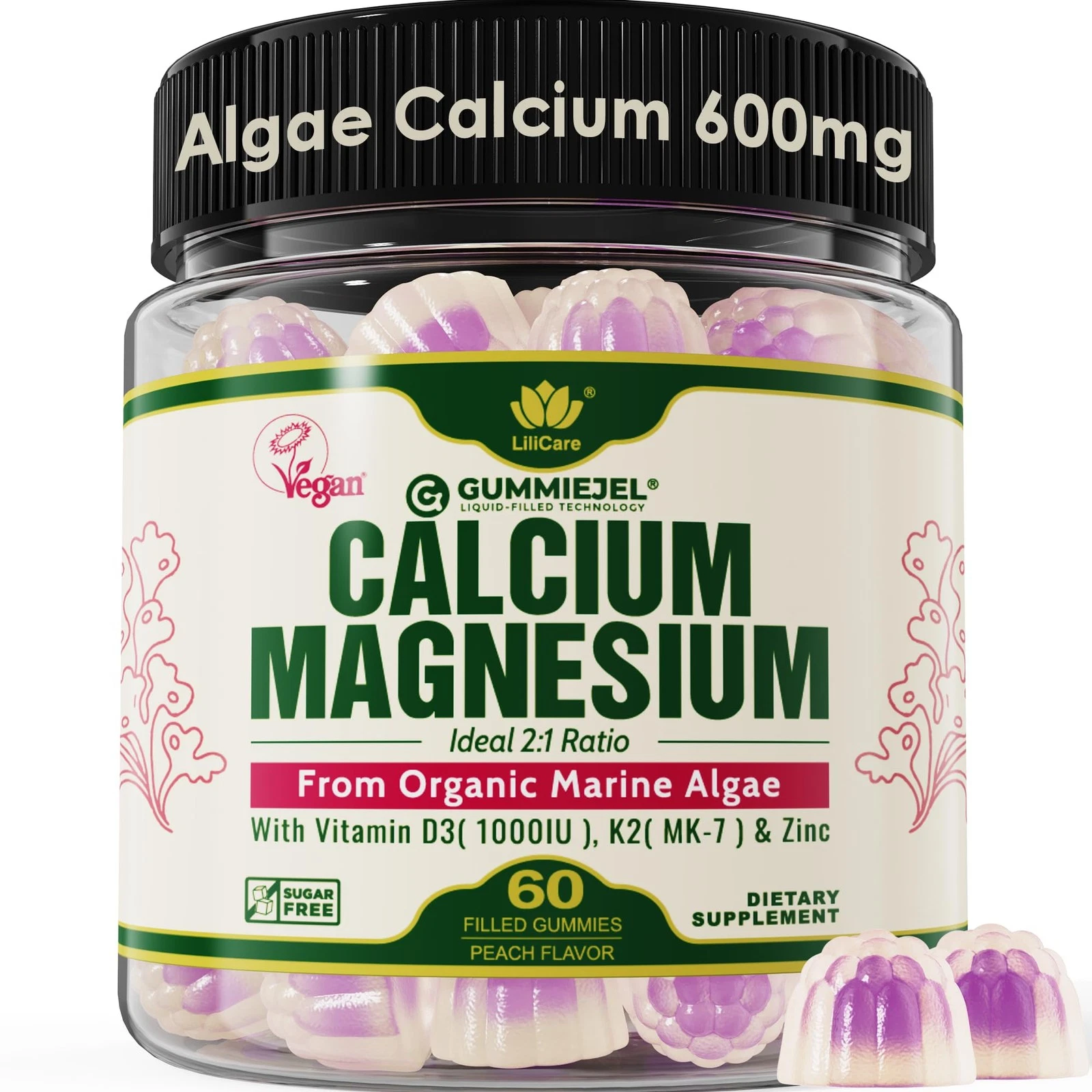 Plant Based Calcium Gummies 600mg (Made in USA) with Vitamin D3 K2, Magnesium, Z