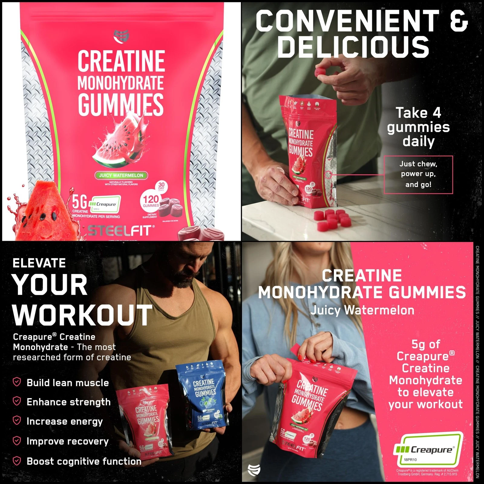 Creatine Monohydrate Gummies Juicy Watermelon Nutritional Supplements 120 Gummie