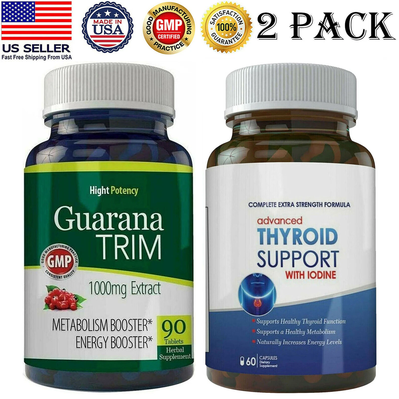 Guarana Trim Seed Extract Pills Thyroid Support with Iodine Weight Loss Caps 2PK