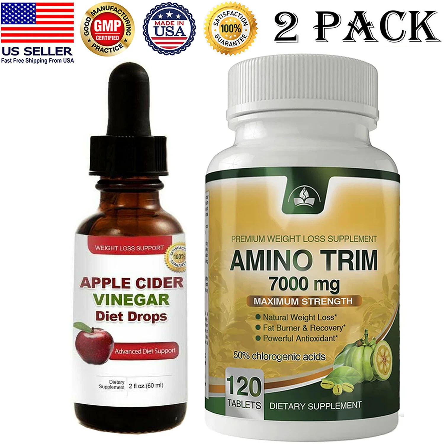 Amino Trim Fat Burn Capsules & Apple Cider Vinegar Weight Loss Diet Drops Combo