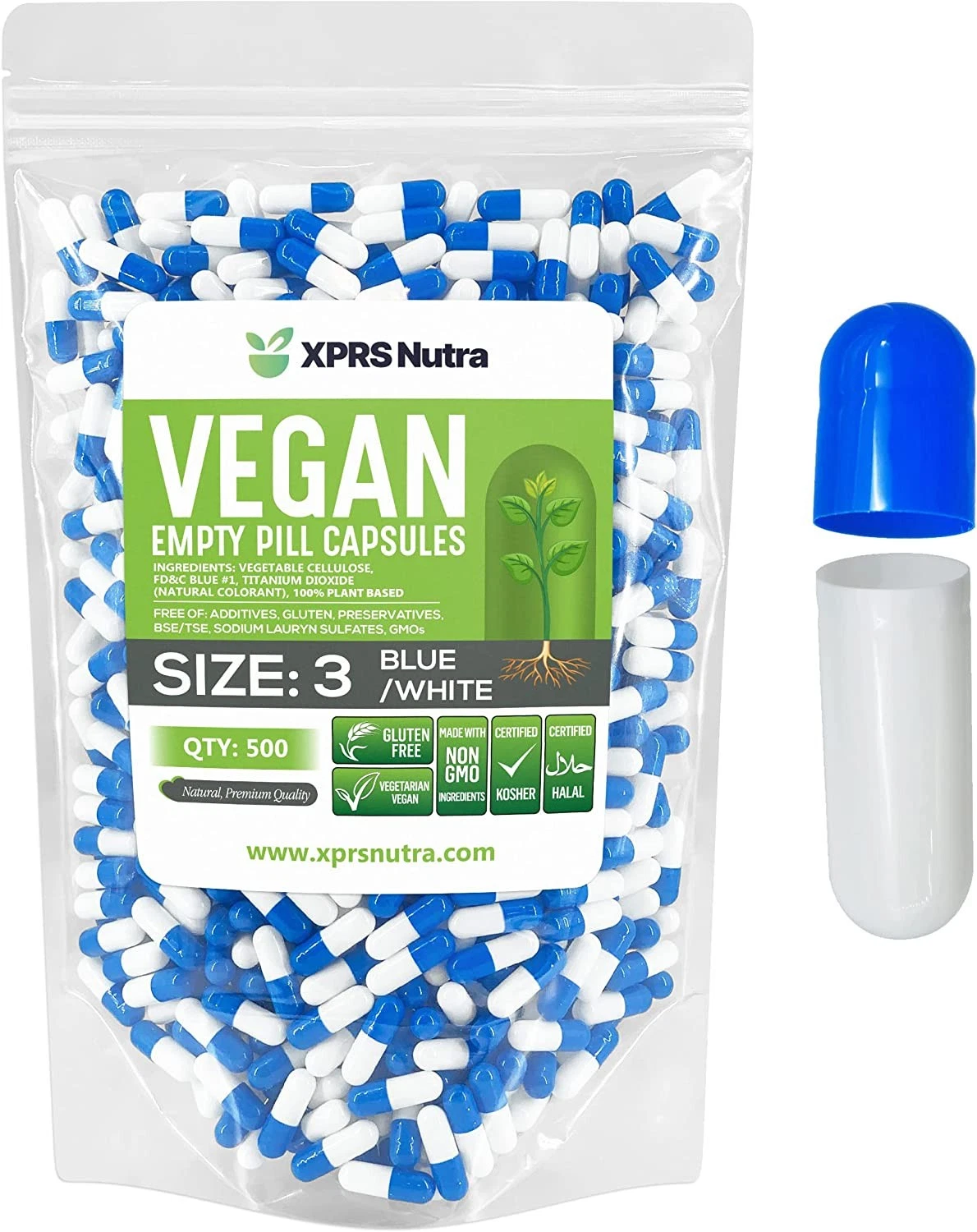 Size 3 Blue/White Empty Vegan Capsules Kosher Pill Vegetable Veggie Veg Caps