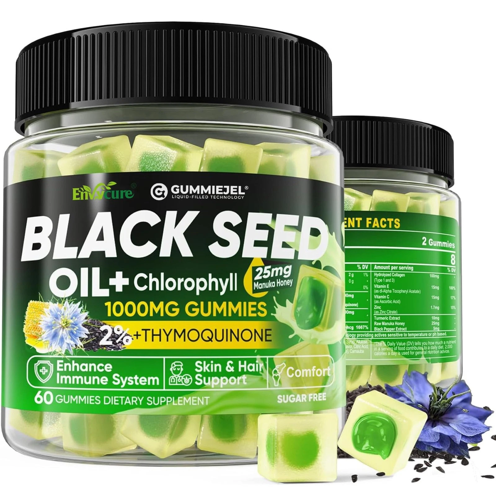 Black Seed Oil Gummies & Chlorophyll, Biotin 500mcg with Hydrolyzed Collagen, Ra