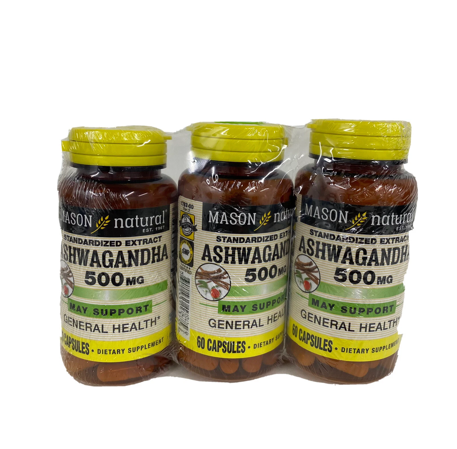 3 pack-Mason Natural Ashwagandha 500mg Healthy Stress Response/Mood Support 60ct