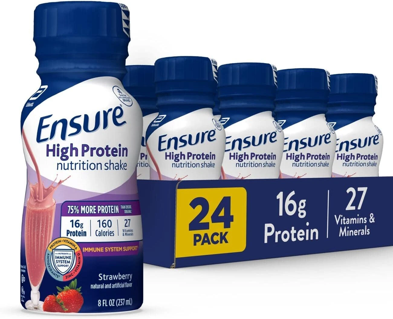 (24 Pack) Ensure High Protein Strawberry Nutrition Shake, Meal Replacement, 8oz