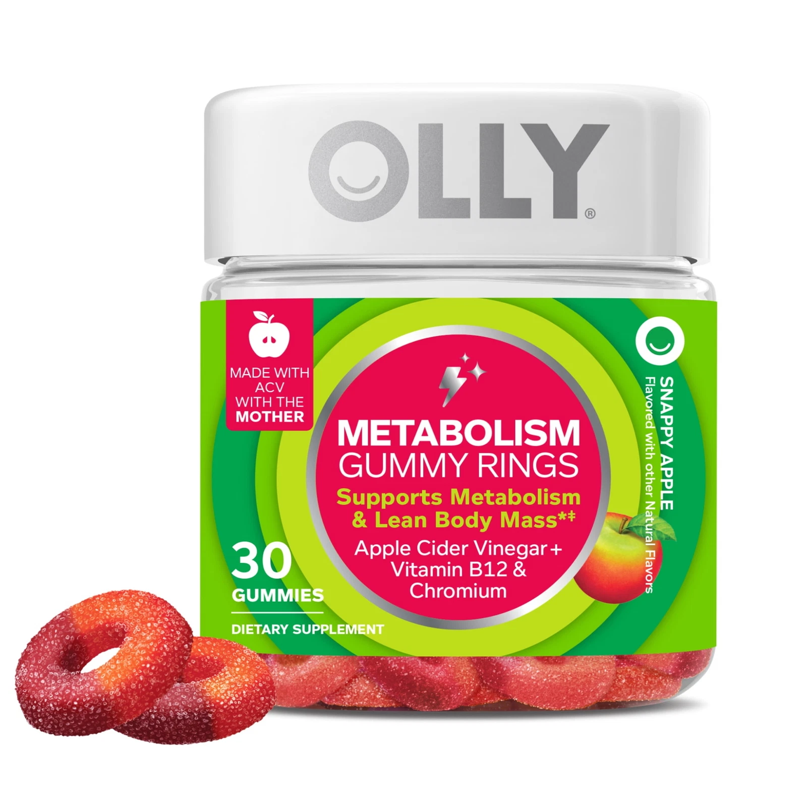 Metabolism Gummy Rings, Apple Cider Vinegar, B12, Chromium, Apple Flavor, 30 Ct