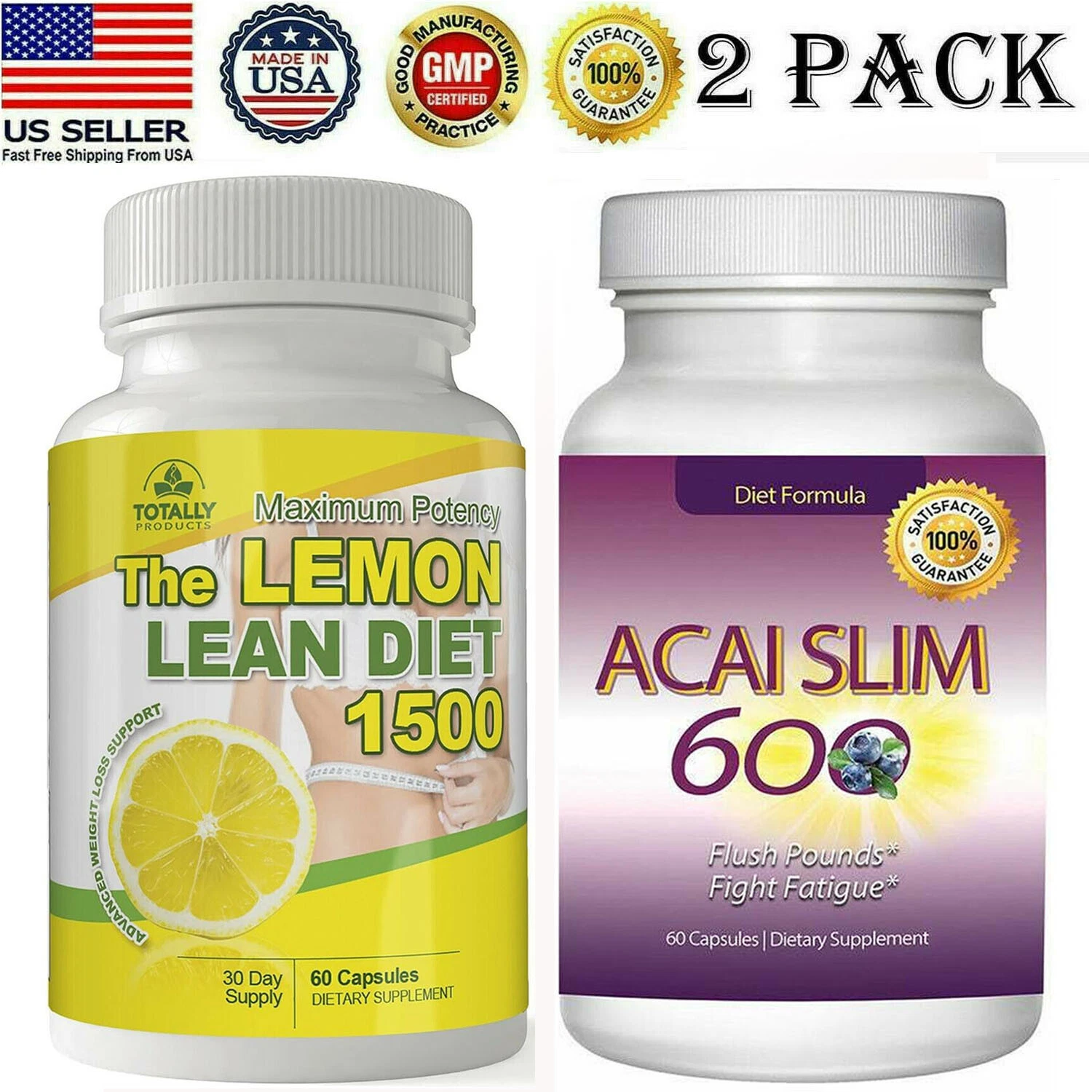 Lemon Lean Fat Burn Diet Caps Acai Berry Slim Weight Loss Supplement Pills 2pk