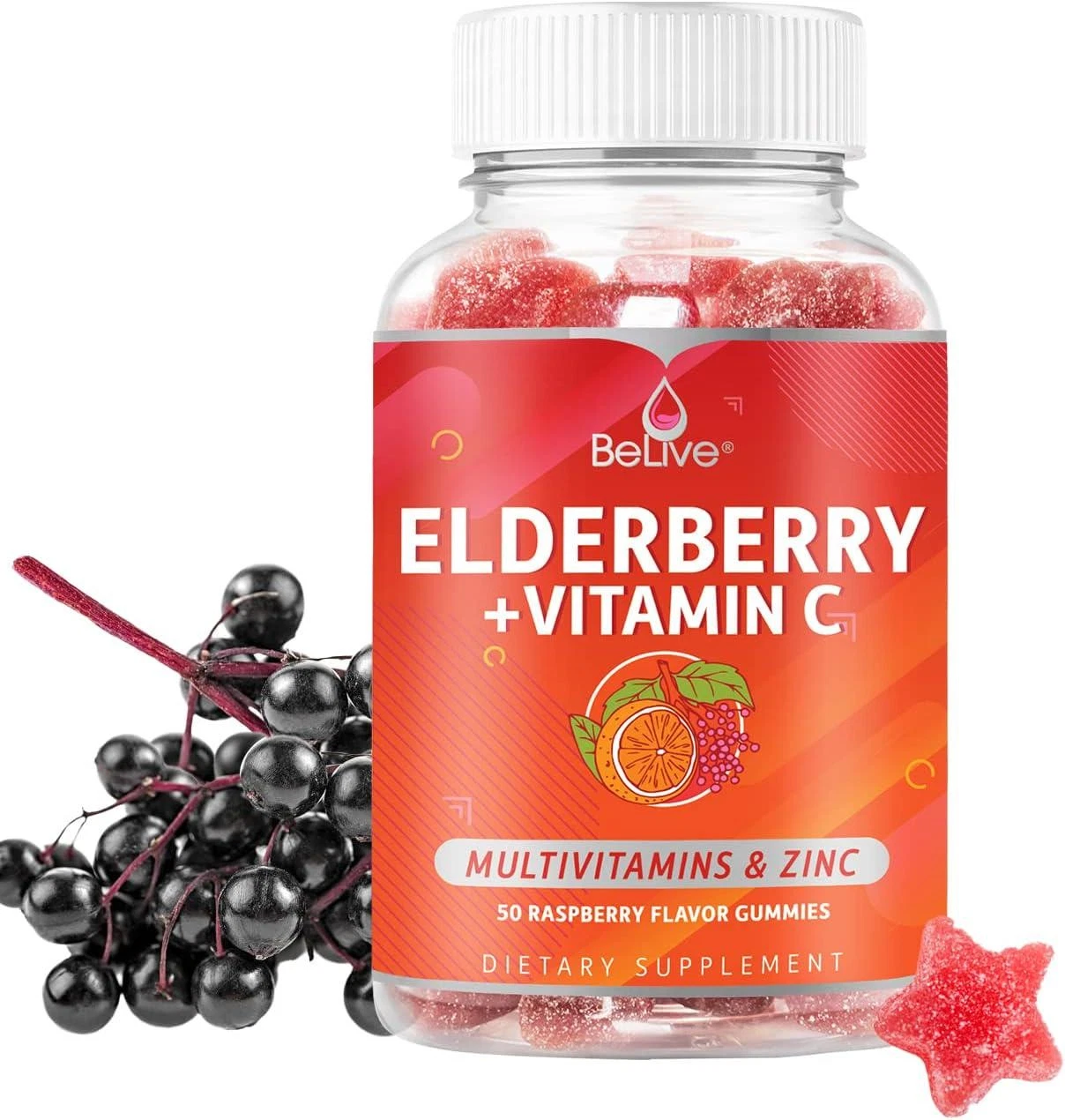 BeLive Elderberry Gummies with Zinc and Vitamin C, D, A, E, B12-50 Ct I Immune -