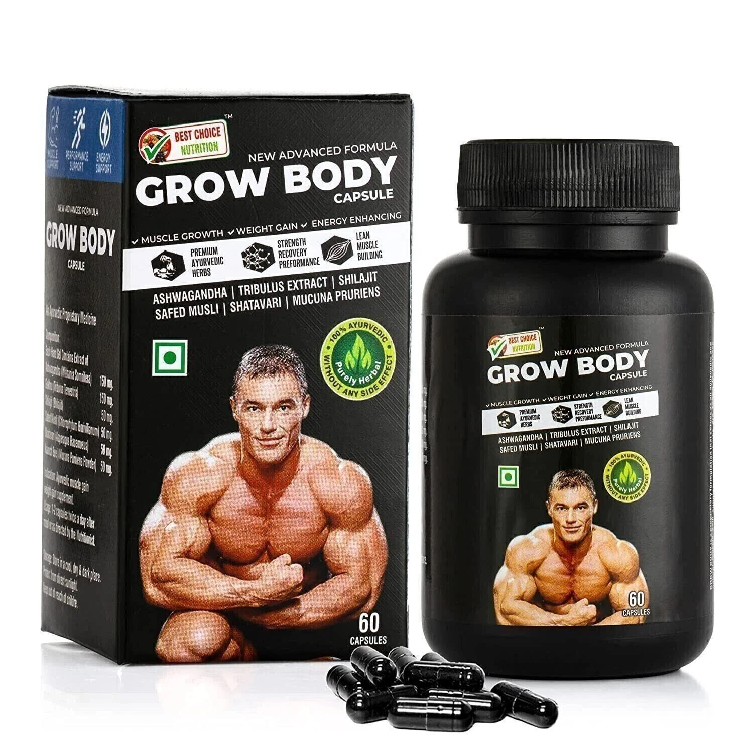 5 X BODY GROW Fast Weight Gain Pills Muscle Gainer WEGHT GAIN 60 CAPSULES MEN