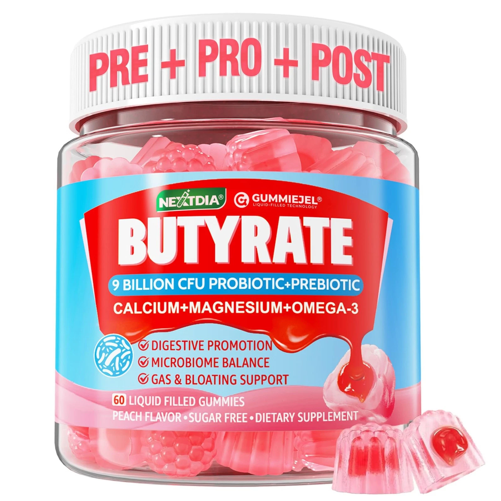 Butyrate Gummies with Probiotic + Prebiotic + Postbiotic, Omega-3 500mg,Fiber wi