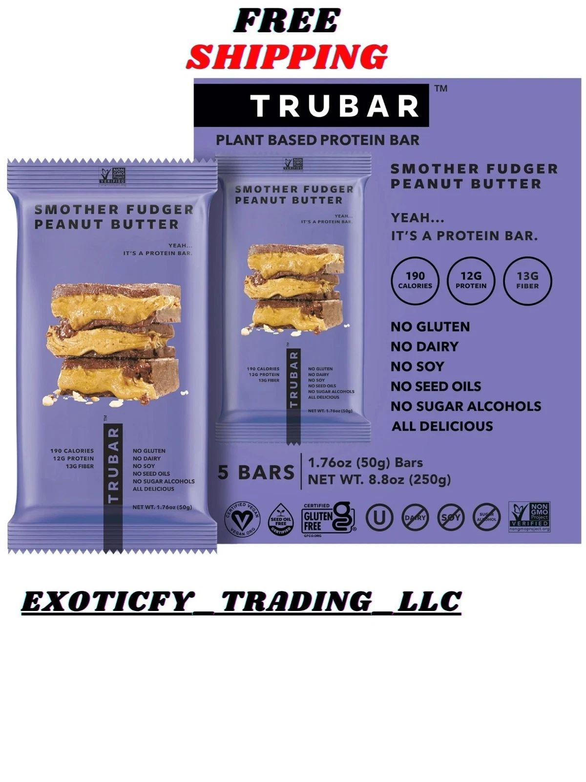 TRUBAR Protein Bar, Smother Fudger Peanut Butter, Plant Based Protein, 5 Count