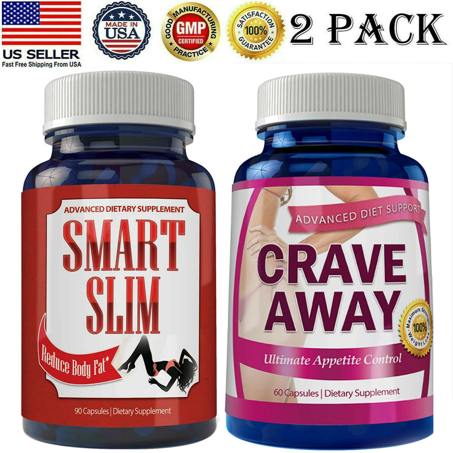 Smart Slim Burn Fat Diet Pills Crave Away Appetite Control Weight Loss Caps 2pk