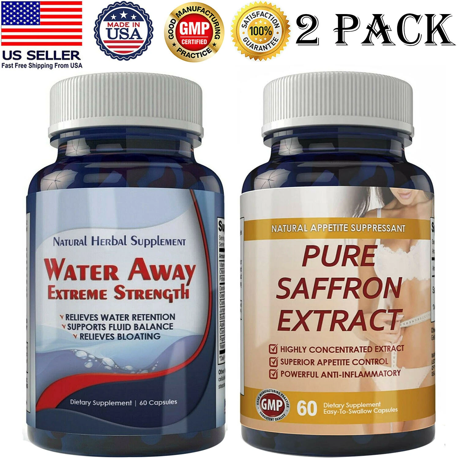 Diuretic Water Away Pills 700mg Weight Loss Pure Saffron Extract Capsules Combo