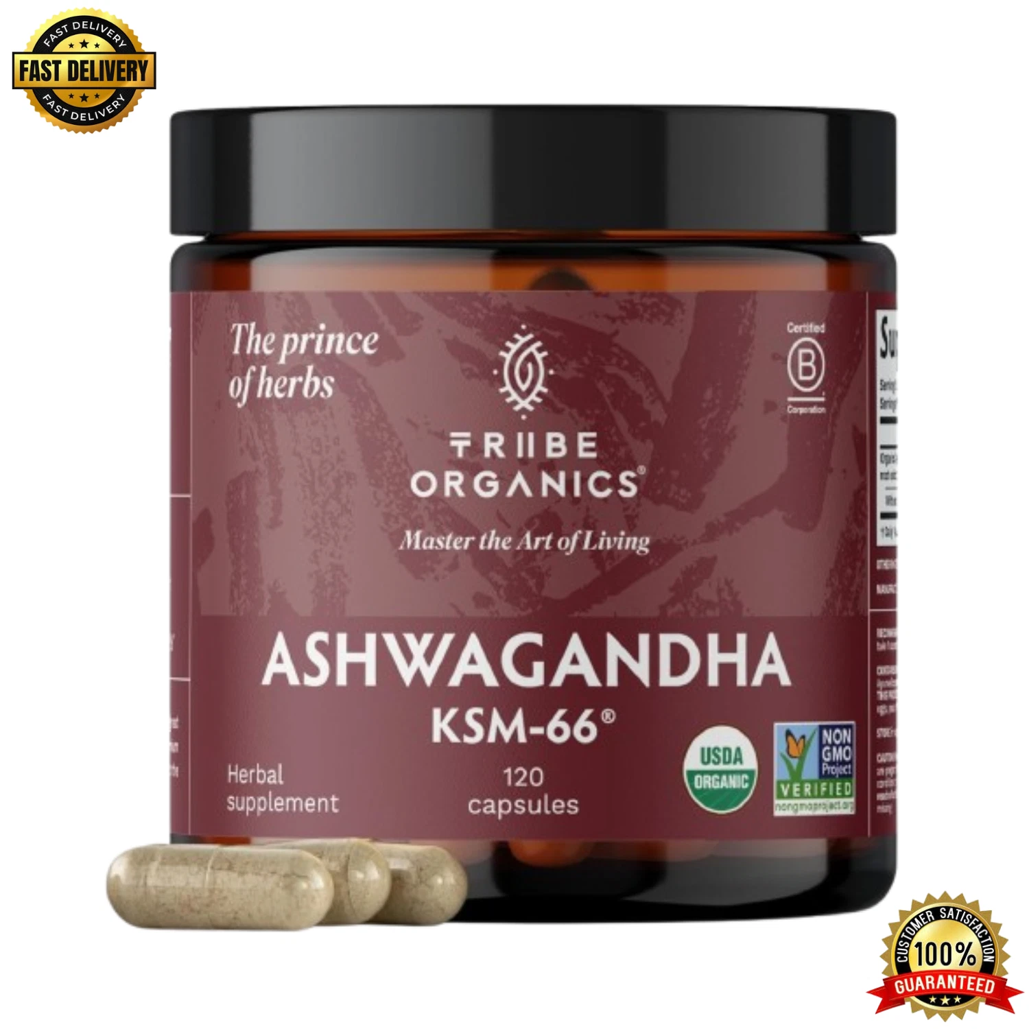 TRIBE ORGANICS Ashwagandha KSM 66 Pure Organic Root Powder Extract - 120 Capsule