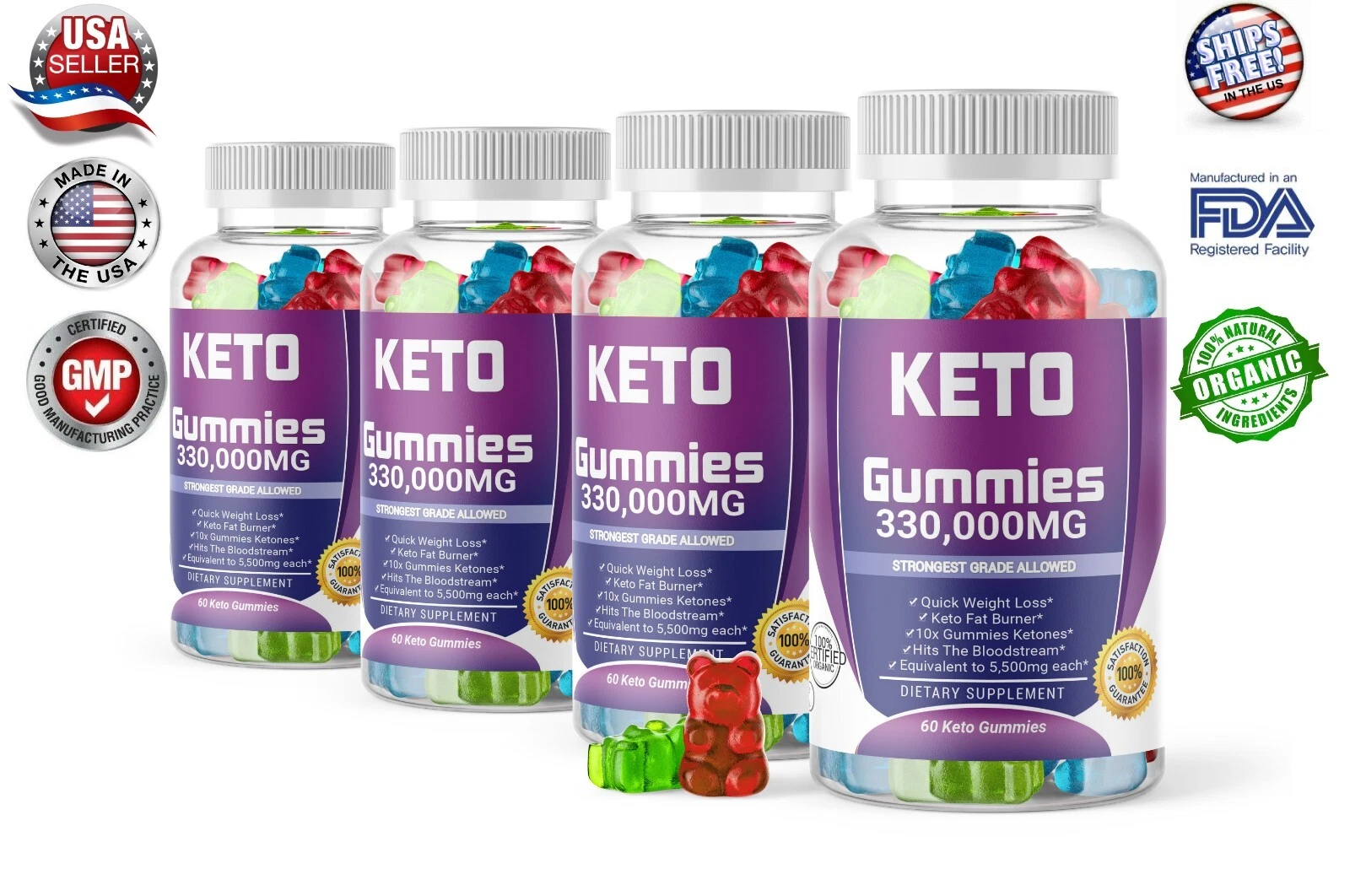 4x Keto Gummies 330,000mg Slimming Apple Cider Vinegar ACV Weight Loss 60 Gummy