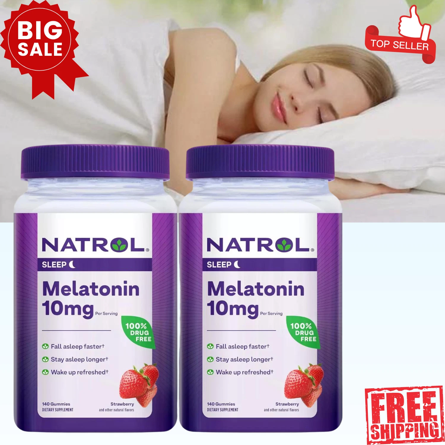 2 Pack Natrol Melatonin 10mg Sleep Aid, Fall Asleep Faster, Strawberry, 140 Ct