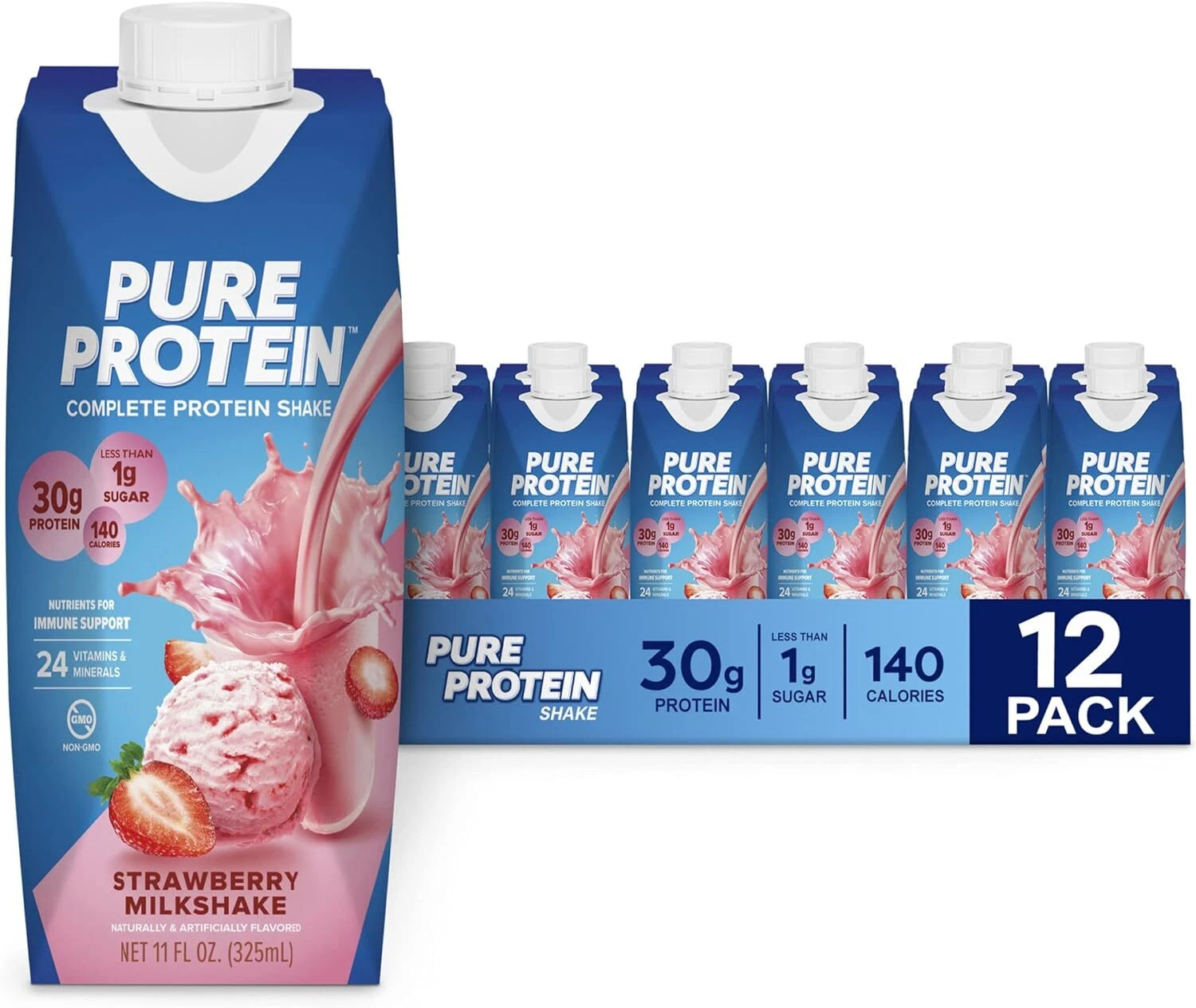 (12 Pack) Pure Protein Strawberry Complete Nutrient Protein Shake, Non GMO, 11oz