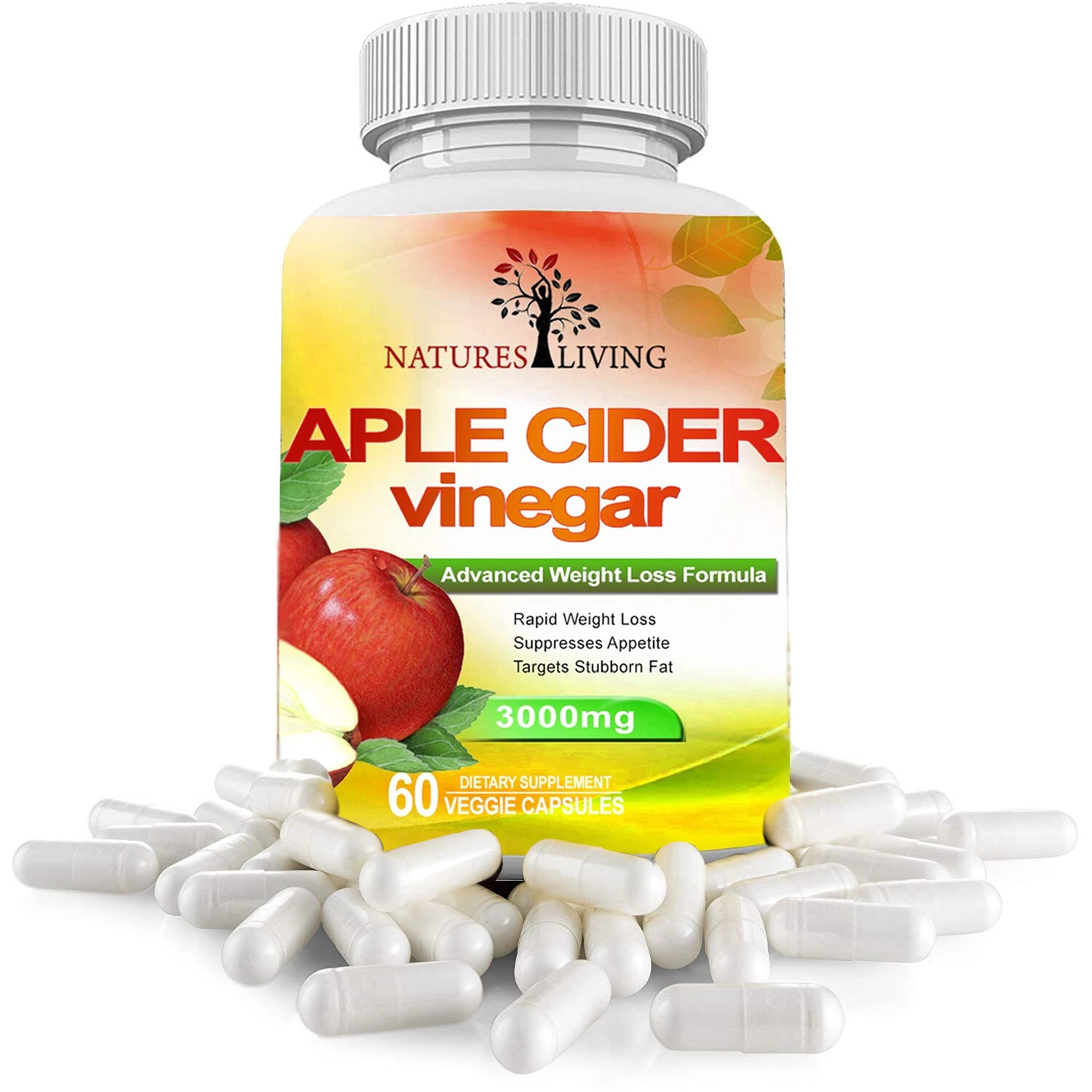 APPLE CIDER VINEGAR 3000 (60 Pills) for Weight Loss & Cleanse, Energy Boost