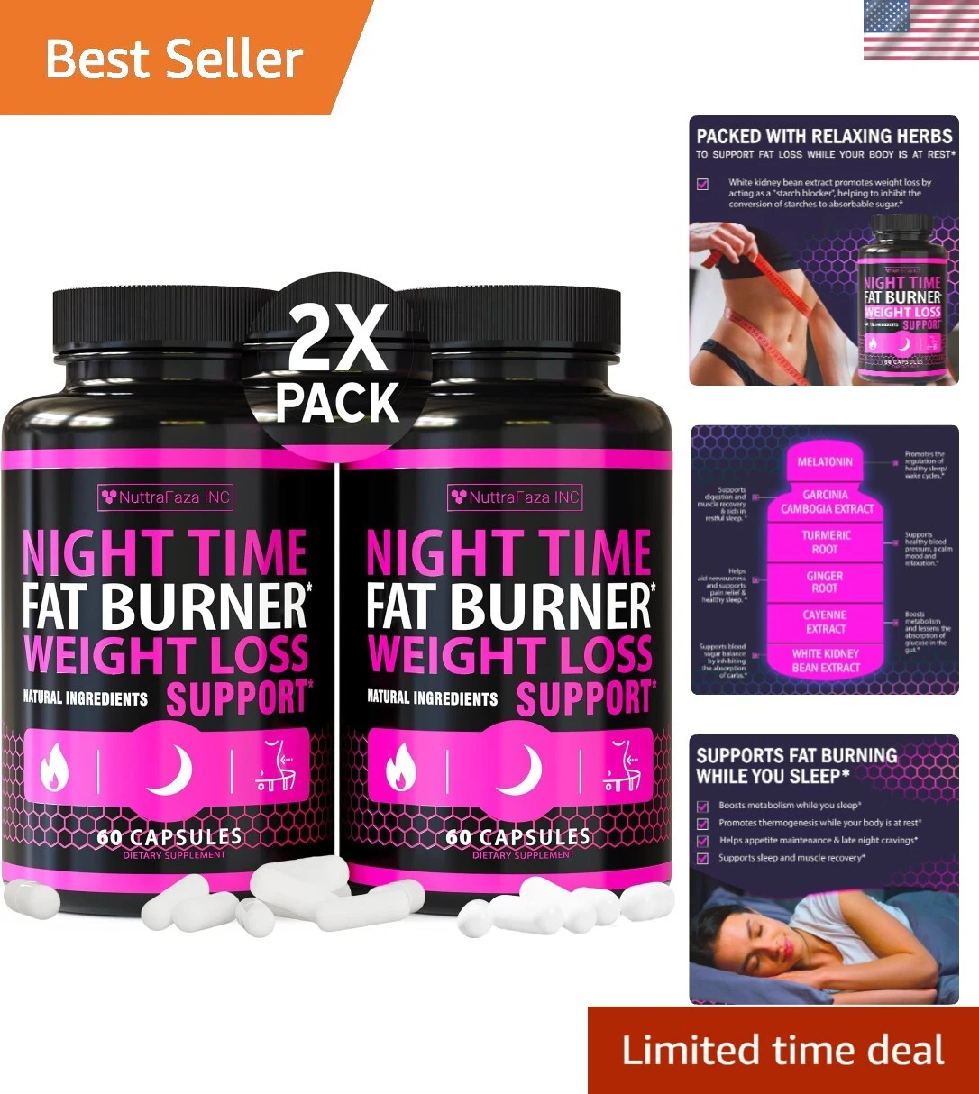Night Time Weight Loss Pills for Women 120 Count Fat Burners Appetite Suppress