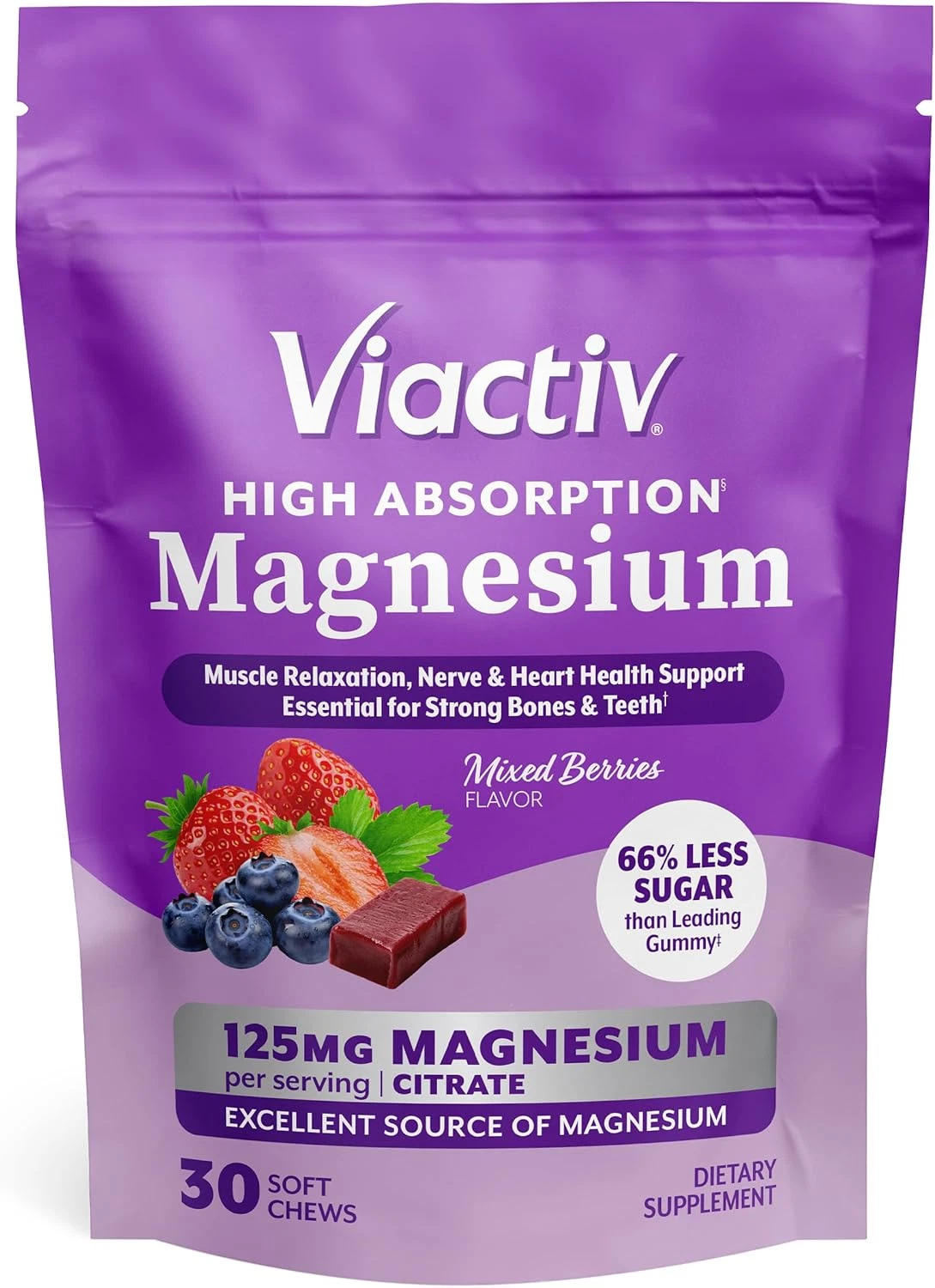 Magnesium Chews, High Absorption Magnesium Citrate, Mixed Berries Flavor with Le