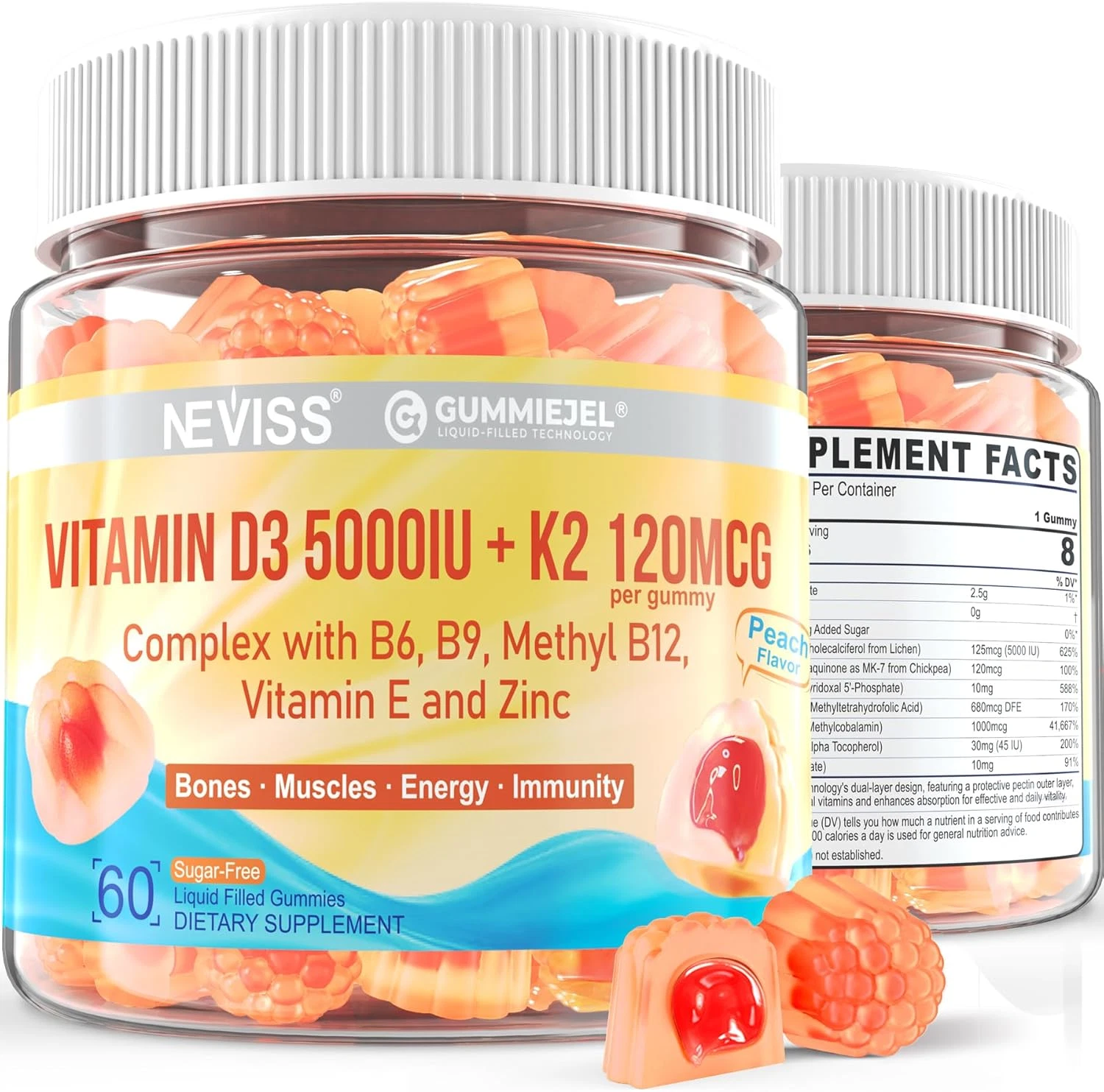 Vitamin D3 5000IU + K2 (MK-7) 120mcg, Sugar-Free Vitamin D3 K2 Filled Gummies