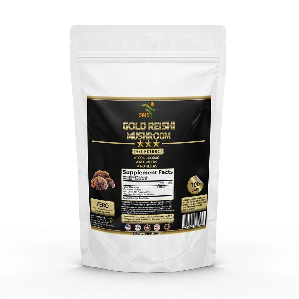 REISHI MUSHROOM STRONGEST ORGANIC 100 CAPSULES LINGZHI LUCIDUM EXTRACT SPORES