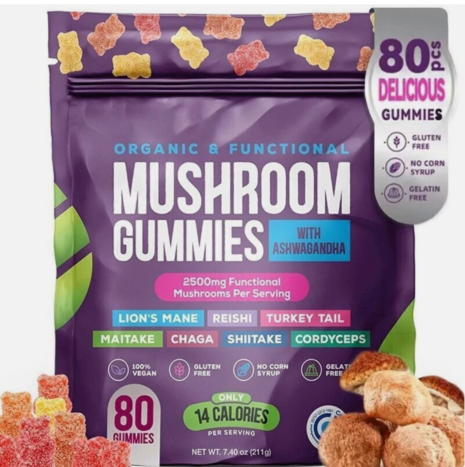 Natural Mushroom Supplement Gummies Ashwagandha Shiitake 80 Counts Fruit Flavor
