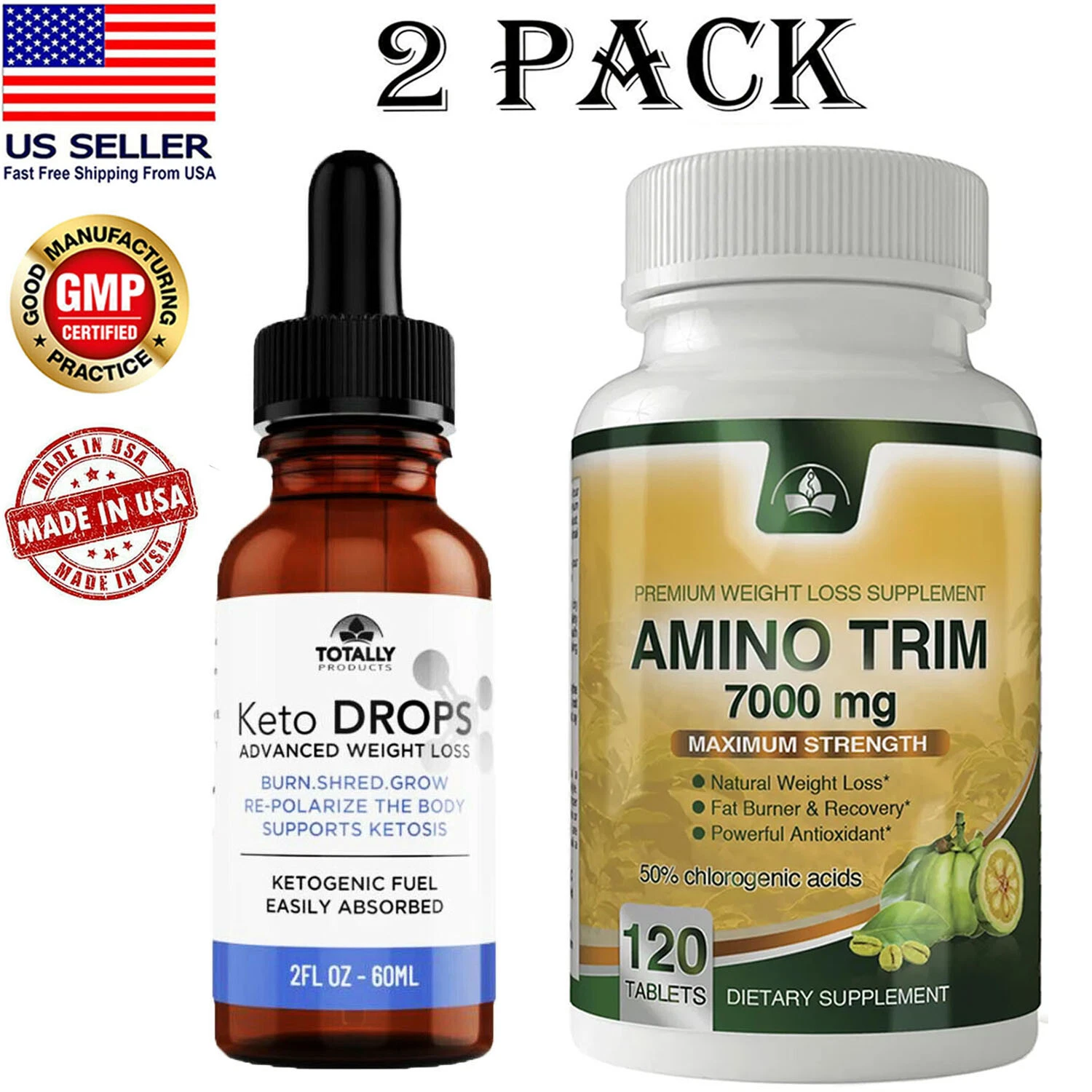 Keto Diet Liquid Drops Carb Fat Blocker Amino Acid Trim Weight Loss Caps Combo