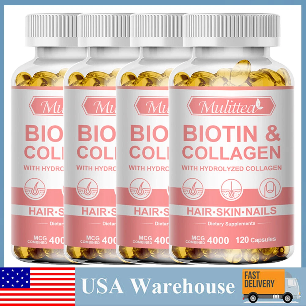 (1-4 Pack) Biotin Collagen Pills 4000mcg 120 Capsules Hair Skin Nails Vitamins