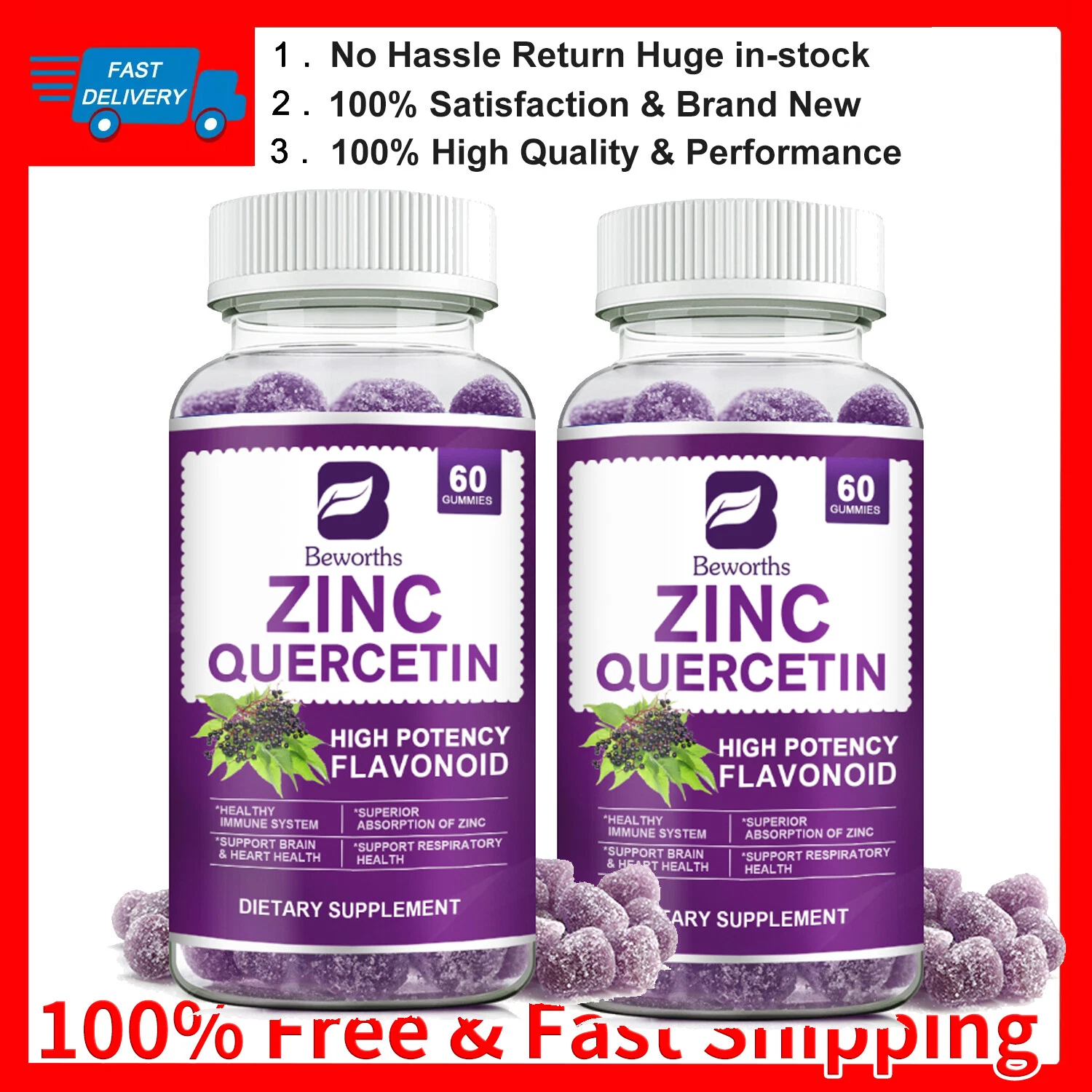 2*60 Quercetin Gummies with Black Elderberry, Zinc Supplement Immune Support